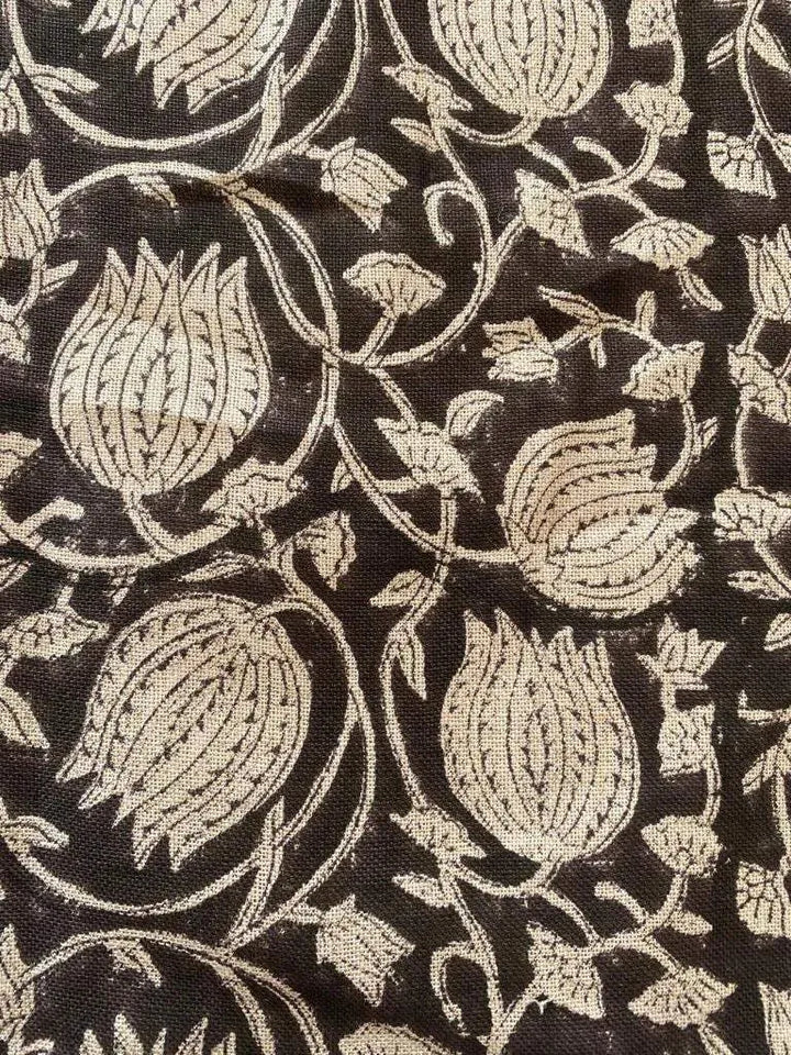 Lotus Floral Block Print Thick Linen Fabric For Upholstery, Curtains and more - Maple Village Lane