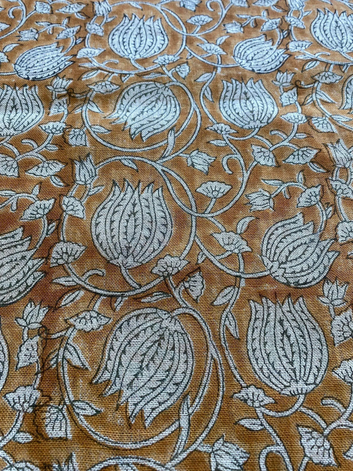 Lotus Floral Block Print Thick Linen Fabric For Upholstery, Curtains and more - Maple Village Lane