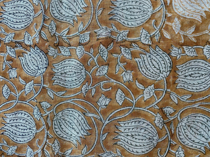 Lotus Floral Block Print Thick Linen Fabric For Upholstery, Curtains and more - Maple Village Lane