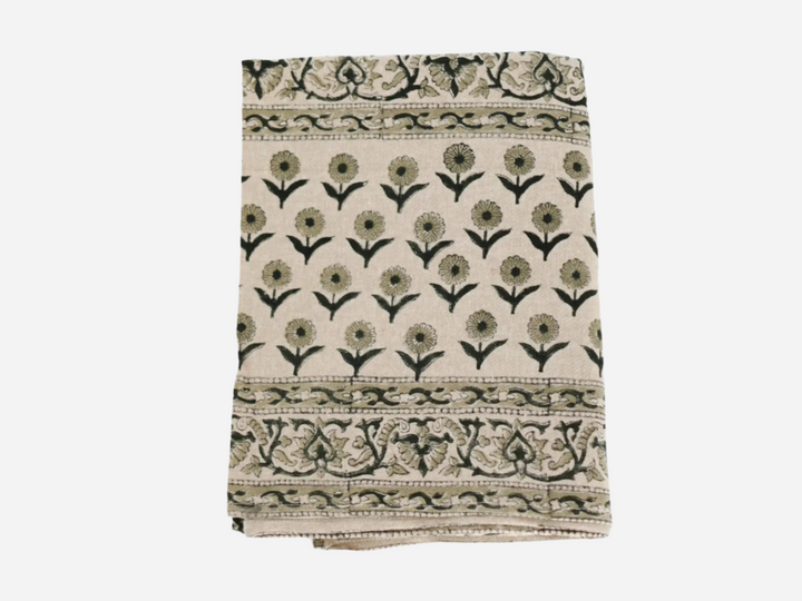 Beige Floral Block Print Tablecloth
