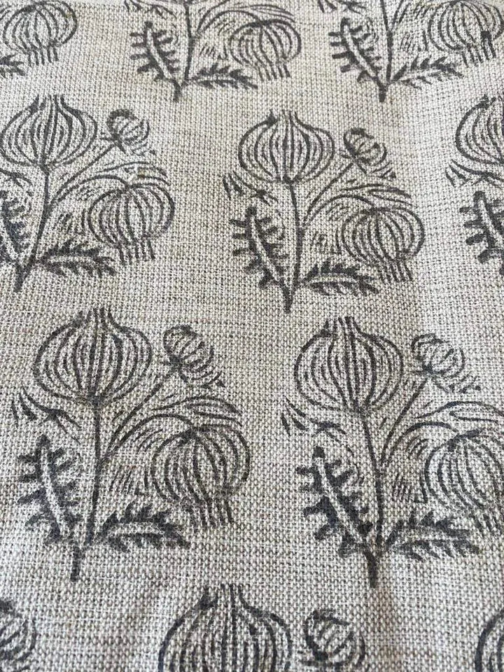 Big Flower Block Print Handloom Linen Fabric ,upholstery Fabric, pillow Cover Fabric, Thick fabric natural linen, Dark Grey - Maple Village Lane
