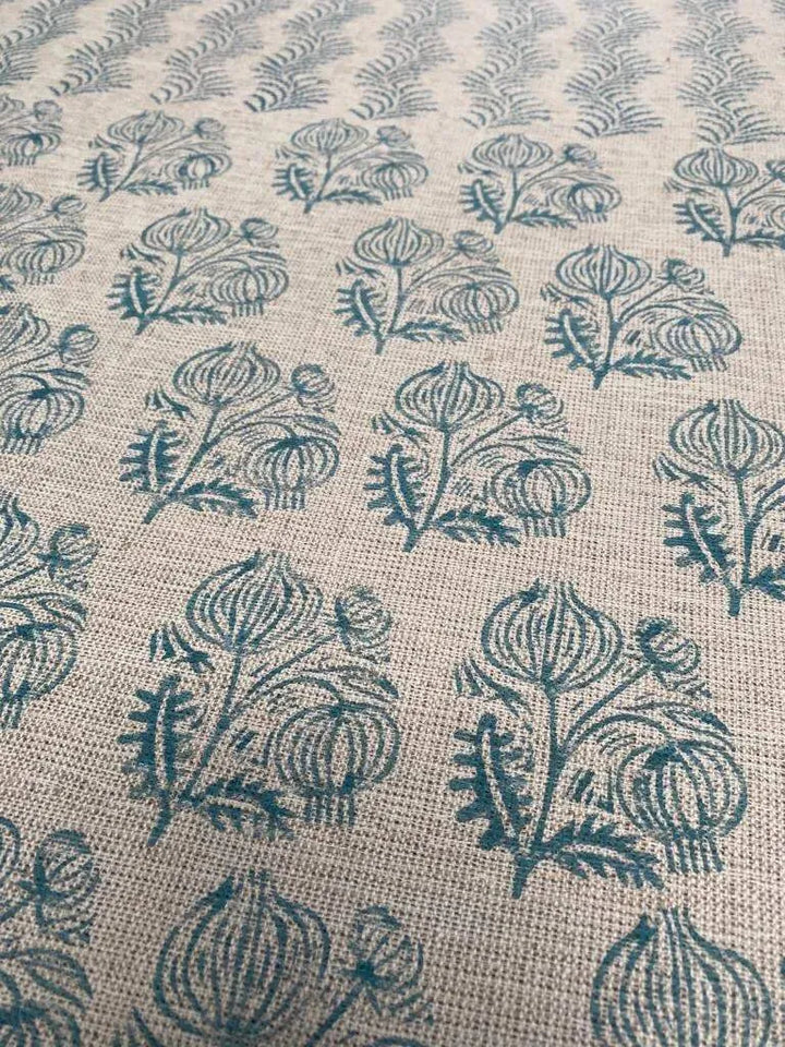 Jessy Big Flower Block Print Handloom Thick Linen Fabric for Upholstery - Maple Village Lane
