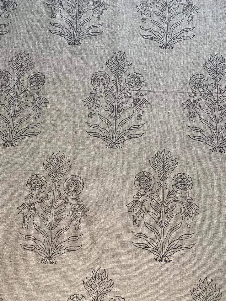 Handloom Linen Fabric - Flower Outline block print fabric - best for Upholstery , cushion cover , sofa/chair cover , and other crafts - Maple Village Lane