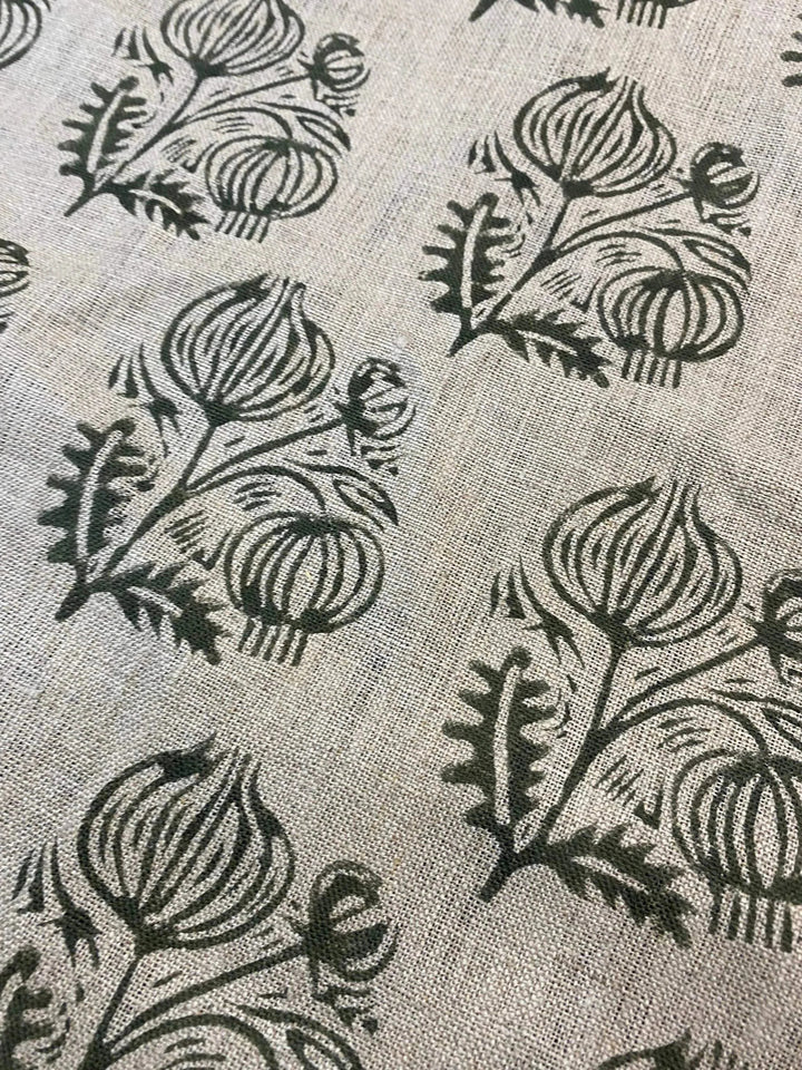 Jessy Big Flower Block Print Handloom Thick Linen Fabric for Upholstery - Maple Village Lane